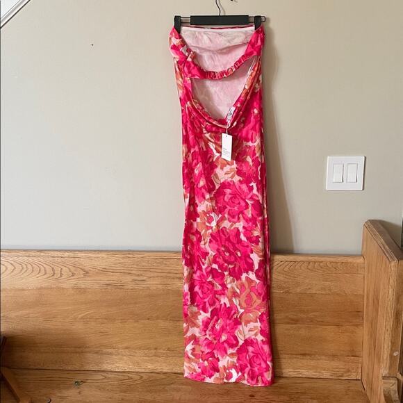 REALTIX NWT Floral Pink Strapless Satin Midi Dress Size S - Picture 6 of 6